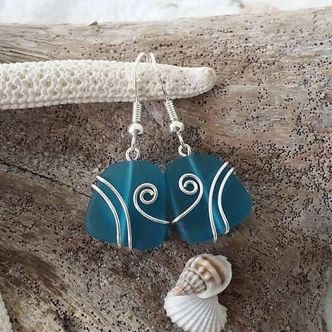 Hawaiian Jewelry Sea Glass Earrings, Wire Wrapped Teal Earrings, Beach Jewelry For Women, Unique Earrings Ocean Sea Glass Jewelry