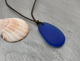Hawaiian Jewelry Sea Glass Necklace, Cobalt Blue Necklace Leather Cord Necklace, Unisex Beach Jewelry Birthday Gifts (September Birthstone)