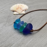 Updated Version with chunkier stones: Handmade in Hawaii, leather cord unisex Quad "Blue Hawaii" sea glass necklace, unisex jewelry