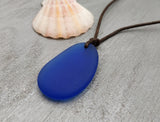 Hawaiian Jewelry Sea Glass Necklace, Cobalt Blue Necklace Leather Cord Necklace, Unisex Beach Jewelry Birthday Gifts (September Birthstone)