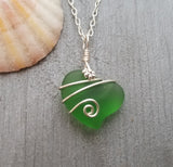 Hawaiian Jewelry Sea Glass Necklace, Wire Heart Necklace Emerald Necklace Green Necklace, Sea Glass Jewelry Birthday Gift (May Birthstone)