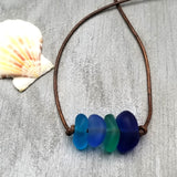 Updated Version with chunkier stones: Handmade in Hawaii, leather cord unisex Quad "Blue Hawaii" sea glass necklace, unisex jewelry