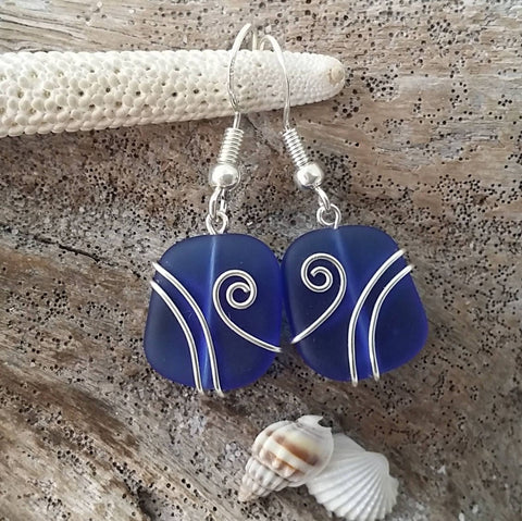 Hawaiian Jewelry Sea Glass Earrings, Wire Cobalt Blue Earrings, Unique Beach Jewelry Birthday Gift For Women (September Birthstone Jewelry)