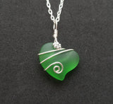 Hawaiian Jewelry Sea Glass Necklace, Wire Heart Necklace Emerald Necklace Green Necklace, Sea Glass Jewelry Birthday Gift (May Birthstone)
