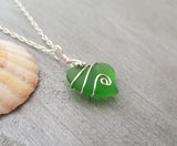 Hawaiian Jewelry Sea Glass Necklace, Wire Heart Necklace Emerald Necklace Green Necklace, Sea Glass Jewelry Birthday Gift (May Birthstone)