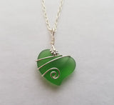 Hawaiian Jewelry Sea Glass Necklace, Wire Heart Necklace Emerald Necklace Green Necklace, Sea Glass Jewelry Birthday Gift (May Birthstone)