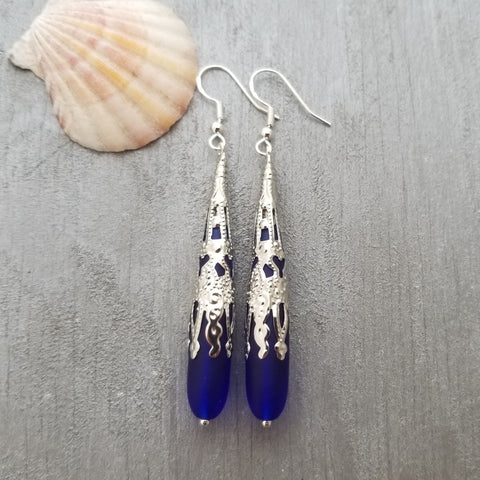 Hawaiian Jewelry Sea Glass Earrings, Cobalt Blue Earrings Long Teardrop Earrings, Sea Glass Jewelry Beach Jewelry(September Birthstone Gift)