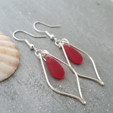 Hawaiian Jewelry Sea Glass Earrings, Wire Loop Ruby Earrings Red Earrings, Beachy Sea Glass Jewelry Birthday Gift (July Birthstone Jewelry)