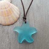 Handmade in Hawaii, leather cord unisex blue Starfish sea glass necklace, unisex jewelry, man jewelry, birthday gift