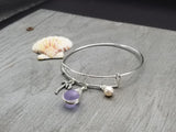 Hawaiian Jewelry, Small Round Wire Braided "Magical Color Changing" Purple Sea Glass Bracelet, Palm Tree Natural Pearl (February Birthstone)