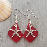 Hawaiian Jewelry Sea Glass Earrings, Twin Starfish Earrings Ruby Red Earrings, Sea Glass Jewelry Beachy Birthday Gift (July Birthstone)