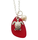 Hawaiian Jewelry Sea Glass Necklace, Ruby Red Necklace Turtle Necklace Pearl Necklace, Sea Glass Jewelry Fun Birthday Gift (July Birthstone)