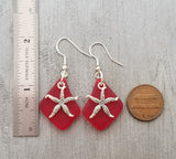 Hawaiian Jewelry Sea Glass Earrings, Twin Starfish Earrings Ruby Red Earrings, Sea Glass Jewelry Beachy Birthday Gift (July Birthstone)