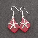 Hawaiian Jewelry Sea Glass Earrings, Twin Starfish Earrings Ruby Red Earrings, Sea Glass Jewelry Beachy Birthday Gift (July Birthstone)