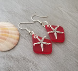 Hawaiian Jewelry Sea Glass Earrings, Twin Starfish Earrings Ruby Red Earrings, Sea Glass Jewelry Beachy Birthday Gift (July Birthstone)