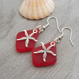 Hawaiian Jewelry Sea Glass Earrings, Twin Starfish Earrings Ruby Red Earrings, Sea Glass Jewelry Beachy Birthday Gift (July Birthstone)