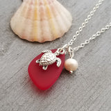 Hawaiian Jewelry Sea Glass Necklace, Ruby Red Necklace Turtle Necklace Pearl Necklace, Sea Glass Jewelry Fun Birthday Gift (July Birthstone)
