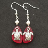 Hawaiian Jewelry Sea Glass Earrings, Twin Turtle Earrings Ruby Red Earrings, Sea Glass Jewelry Pearl Beachy Birthday Gift (July Birthstone)