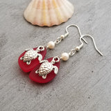 Hawaiian Jewelry Sea Glass Earrings, Twin Turtle Earrings Ruby Red Earrings, Sea Glass Jewelry Pearl Beachy Birthday Gift (July Birthstone)