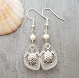Hawaiian Jewelry Sea Glass Earrings, Crystal Earrings Turtle Earrings Pearl Earrings, Sea Glass Jewelry Birthday Gift(April Birthstone Gift)