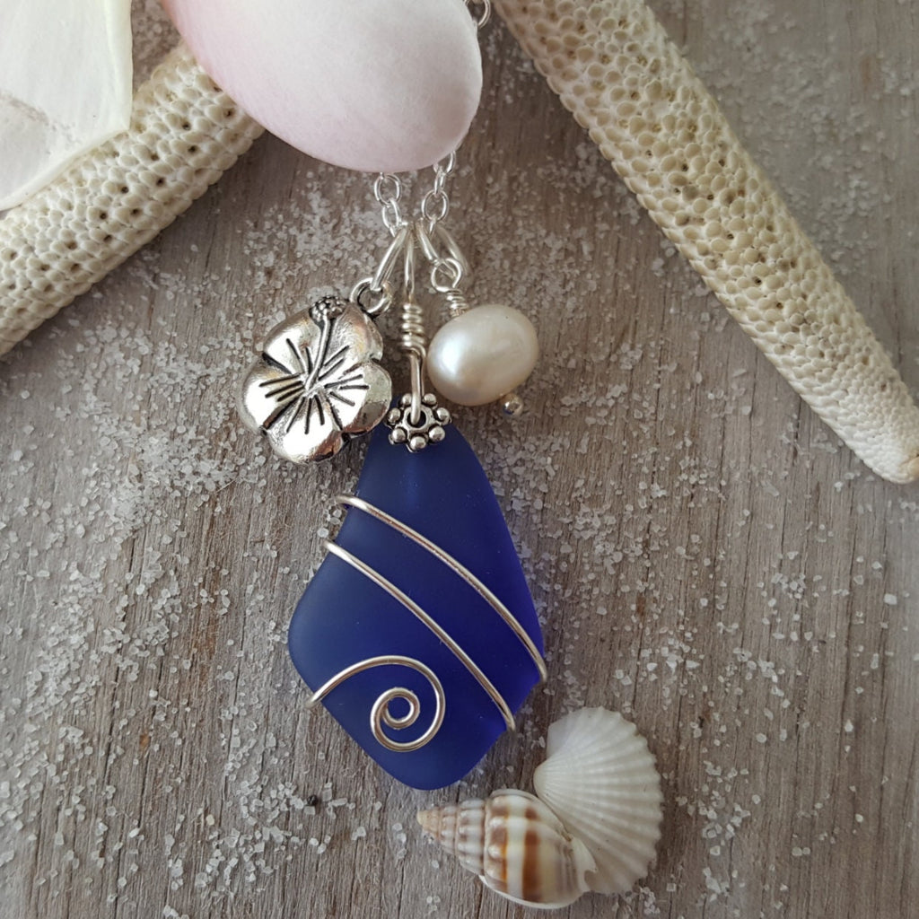 Hawaiian Jewelry Sea Glass Necklace, Wire Heart Necklace Cobalt Blue N –  yinahawaii