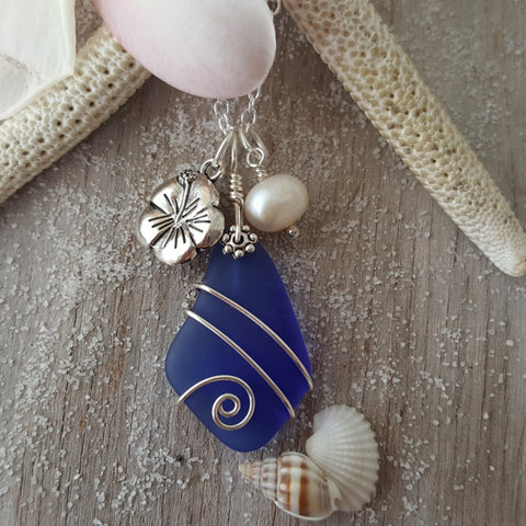 Hawaiian Jewelry Sea Glass Necklace, Wire Cobalt Blue Necklace Hibiscus Pearl Necklace, Beach Jewelry Birthday Gift (September Birthstone)