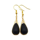 Hawaiian Jewelry Sea Glass Earrings, Gold Braided Black Seaglass Earrings, Beach Jewelry For Women