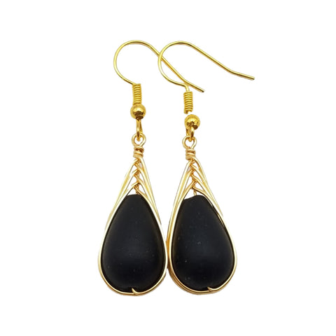 Hawaiian Jewelry Sea Glass Earrings, Gold Braided Black Seaglass Earrings, Beach Jewelry For Women
