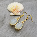 Hawaiian Jewelry Sea Glass Earrings, Gold Braided Moonstone Earrings, Beach Jewelry For Women (June Birthstone Jewelry)
