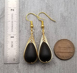 Hawaiian Jewelry Sea Glass Earrings, Gold Braided Black Seaglass Earrings, Beach Jewelry For Women