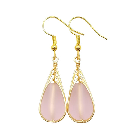 Hawaiian Jewelry Sea Glass Earrings, Gold Braided Pink Earrings, Beach Jewelry For Women (October Birthstone Jewelry)