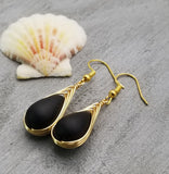 Hawaiian Jewelry Sea Glass Earrings, Gold Braided Black Seaglass Earrings, Beach Jewelry For Women