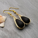 Hawaiian Jewelry Sea Glass Earrings, Gold Braided Black Seaglass Earrings, Beach Jewelry For Women
