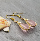 Hawaiian Jewelry Sea Glass Earrings, Gold Braided Pink Earrings, Beach Jewelry For Women (October Birthstone Jewelry)