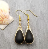Hawaiian Jewelry Sea Glass Earrings, Gold Braided Black Seaglass Earrings, Beach Jewelry For Women