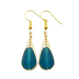 Hawaiian Jewelry Sea Glass Earrings, Gold Braided Teal Earrings, Beach Jewelry For Women