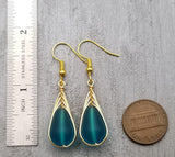 Hawaiian Jewelry Sea Glass Earrings, Gold Braided Teal Earrings, Beach Jewelry For Women