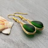 Hawaiian Jewelry Sea Glass Earrings, Gold Braided Emerald Earrings, Beach Jewelry For Women (May Birthstone Jewelry)