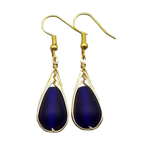 Hawaiian Jewelry Sea Glass Earrings, Gold Braided Cobalt Earrings, Beach Jewelry For Women (September Birthstone Jewelry)