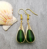 Hawaiian Jewelry Sea Glass Earrings, Gold Braided Emerald Earrings, Beach Jewelry For Women (May Birthstone Jewelry)