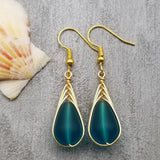 Hawaiian Jewelry Sea Glass Earrings, Gold Braided Teal Earrings, Beach Jewelry For Women