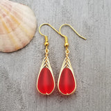 Hawaiian Jewelry Sea Glass Earrings, Gold Braided Red Earrings, Beach Jewelry For Women (January Birthstone Jewelry)