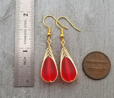 Hawaiian Jewelry Sea Glass Earrings, Gold Braided Red Earrings, Beach Jewelry For Women (January Birthstone Jewelry)