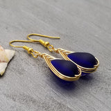 Hawaiian Jewelry Sea Glass Earrings, Gold Braided Cobalt Earrings, Beach Jewelry For Women (September Birthstone Jewelry)