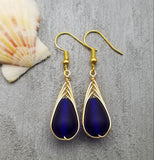 Hawaiian Jewelry Sea Glass Earrings, Gold Braided Cobalt Earrings, Beach Jewelry For Women (September Birthstone Jewelry)