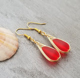 Hawaiian Jewelry Sea Glass Earrings, Gold Braided Red Earrings, Beach Jewelry For Women (January Birthstone Jewelry)