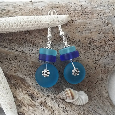 Hawaiian Jewelry Sea Glass Earrings, Triple Color Teal Cobalt Blue Earrings Beach Jewelry For Women, Unique Earrings Sea Glass Jewelry