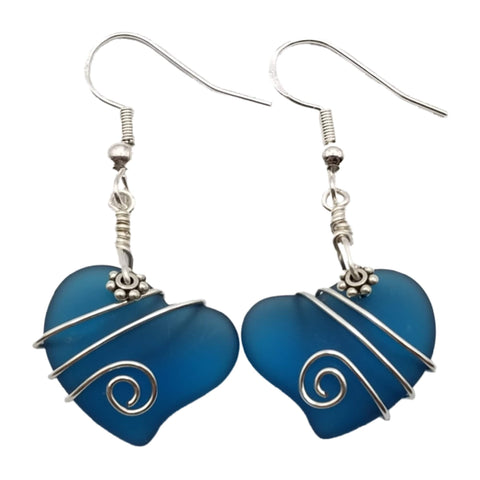 Hawaiian Jewelry Sea Glass Earrings, Wire Twin Heart Earrings Teal Earrings, Hawaii Beach Jewelry Gift