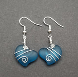Hawaiian Jewelry Sea Glass Earrings, Wire Twin Heart Earrings Teal Earrings, Hawaii Beach Jewelry Gift
