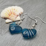 Hawaiian Jewelry Sea Glass Earrings, Wire Twin Heart Earrings Teal Earrings, Hawaii Beach Jewelry Gift